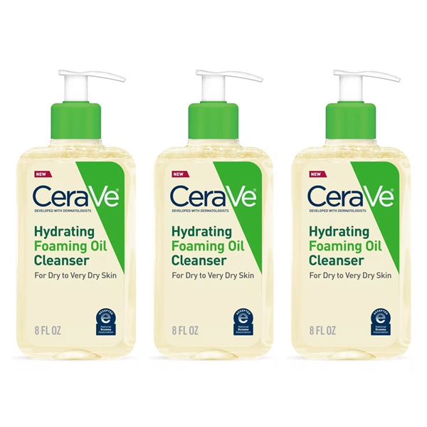 Three-pack of CeraVe Hydrating Foaming Oil Cleanser for Dry Skin, 8oz bottles, displayed side by side.
